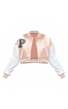 Women's Cropped Varsity Bomber Leather Jacket In Light Pink Outer Shell: Real Leather & Wool Leather Type: Sheepskin Leather Finish: Semi-aniline Inner Shell: Viscose Lining Closure Style: Snap Buttons Collar Style: Band Rib Knit Cuffs Style: Rib Knit Inside Pockets: One Outside Pockets: Two Open Hem Side Pockets Color: Pink & White Sporty Outerwear With Padded Collar, Spring Leather Jacket For College, Spring Long Sleeve Leather Jacket For College, Spring Leather Jacket For College With Long Sleeves, Spring College Leather Jacket Long Sleeve, Spring College Long Sleeve Leather Jacket, Leather Shorts Women, Short Leather Skirts, Leather Jumpsuit