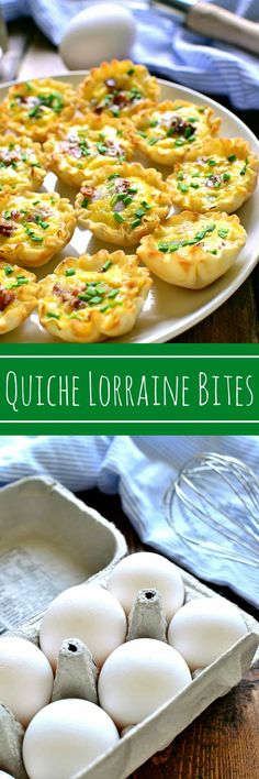 an egg and cheese tarts in a baking dish with the words, how to make quiche loraine bites