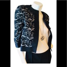 Black And White Bolero Jacket Size 6 Style# 1017ac 93% Virgin Wool 5% Polyamide 2% Elastase Lining: 92% Silk / 8% Elastase Black 3/4 Sleeve Formal Outerwear, White Bolero Jacket, Black Bolero Jacket, Victorian Bolero Jacket, White Bolero, Black Long-sleeve Outerwear With Lace Trim, Ch Carolina Herrera, Black And White Tops, Bolero Jacket