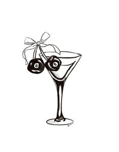 an ink drawing of two olives in a martini glass with a bow on the top