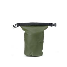 a green waterproof pouch with black straps and an empty fork sticking out of it