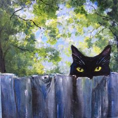 a painting of a black cat peeking over a fence