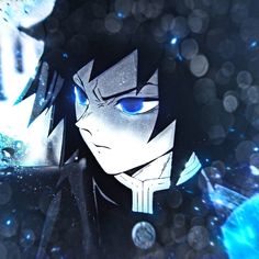 an anime character with blue eyes and black hair