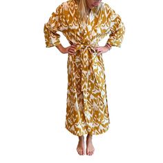 2DA Market Block Print Robe. 100% cotton kimono. One size. Housecoat. Bathrobe. Cotton Long Sleeve Kimono For Fall, Long Sleeve Cotton Kimono For Fall, White Cotton Kimono For Fall, Yellow Long Sleeve Spring Robe, Cotton Robe With Long Sleeves For Daywear, Cotton Kimono With Printed Design And Relaxed Fit, Cotton Kimono With Relaxed Fit And Printed Design, Printed Cotton Kimono With Relaxed Fit, Cotton Kimono For Fall Loungewear