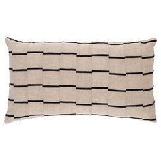 a black and white striped pillow on a white background, with horizontal lines in the middle