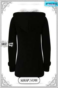 Women Horn Button Coton Fleece Hooded Duffle Coat Fall Cotton Hooded Jacket With Buttons, Hooded Jacket With Button Closure For Fall, Hooded Hoodie With Button Closure For Fall, Black Hooded Pea Coat For Cold Weather, Hooded Pea Coat With Button Closure For Fall, Button Closure Hoodie For Fall, Fall Hooded Jacket With Buttons, Hooded Winter Pea Coat With Button Closure, Hooded Pea Coat With Buttons For Fall