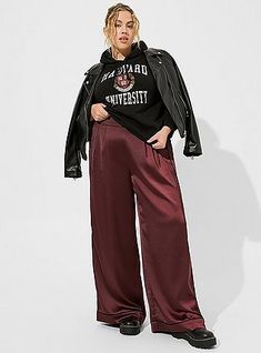 Wide Leg Satin High Rise Pant , SASSAFRAS Flowy Wide Leg Pants, Burgundy Pants, Wide Leg Dress Pants, Satin Pants, High Rise Pants, Purple Fashion, Pull On Pants, Black Trim, Polished Look