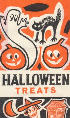 an orange and black halloween treat bag with two pumpkins in the center, one has a witch's hat on it