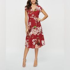 Deviate From Your Usual Dress Collection With This Lightweight Midi That's Modified With A Wrapped Design And Darling Floral Print. Size S: 27'' Long From High Point Of Shoulder To Hem Model (Wearing Size S): 5' 8'' Tall; 32'' Chest; 24'' Waist; 34'' Hips Woven; Fabric Does Not Stretch 100% Polyester Machine Wash; Hang Dry Imported Red A-line Floral Dress For Summer, Red Floral Print Midi Dress For Garden Party, Red A-line Floral Summer Dress, Elegant Red Floral Midi Dress, Red Floral Print Knee-length Dress, Red Knee-length Dress With Floral Print, Red Floral Print V-neck Dress, Red Floral Dress For Garden Party, Red A-line Midi Dress For Garden Party