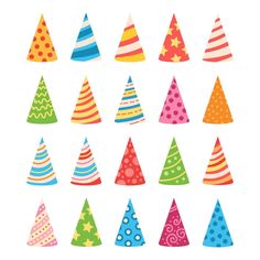 many different colored party hats on a white background