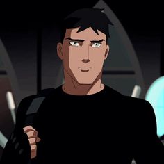 an animated man in a black shirt holding a knife and looking at the camera with his eyes wide open