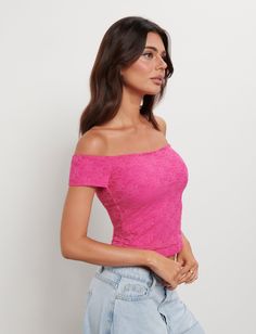 CAIDEN TOP - PINK : HOT PINK : HOT PINK LACE Pink Stretch Off-shoulder Crop Top, Pink Fitted Lace Top, Stretch Lace Off-shoulder Top, Pink Off-shoulder Crop Top For Party, Pink Stretch Lace Top, Pink Fitted Lace Crop Top, Fitted Lace Off-shoulder Top, Pink Fitted Crop Top, Pink Lace Crop Top For Party