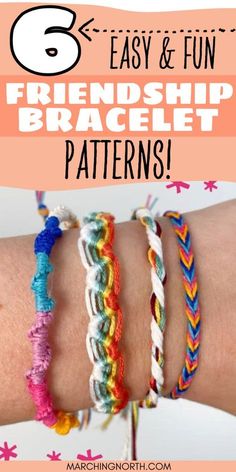 four different bracelets with text overlay that says 6 easy and fun friendship bracelet patterns