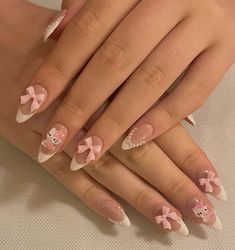 Hello Kitty Gel X Nails, Hello Kitty Nails Almond Shape, Hello Kitty Nails French Tip, Nails Ideas Hello Kitty, Nails Inspo Hello Kitty, French Tip Hello Kitty Nails, Nails Hello Kitty Short, Cute Pink Birthday Nails, Hello Kitty Nails Almond