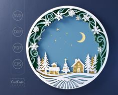 a paper cut christmas scene with trees and snowflakes on a blue background is featured in the center of this circular ornament