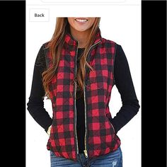 Fleece Vest, Womens Buffalo Plaid Zip Up Vest, Waistcoat With Pockets. Junior So It Will Fit More Like A Junior Medium. Top 24 Inches Long And 19 Inches Wide. New Never Worn. Gold Zipper. Nice Quality. Buffalo Plaid Vest, Zip Up Vest, Red Vest, Outwear Women, Plaid Vest, Vest Women, Sleeveless Cardigan, Vest Coat, Casual Vest