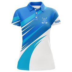 a women's polo shirt with blue and white stripes on the front, featuring an image of a tennis player