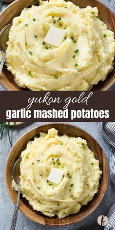 two bowls filled with mashed potatoes and topped with butter