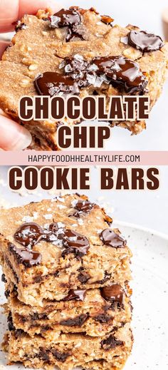 chocolate chip cookie bars stacked on top of each other with the words happy foodie thy life