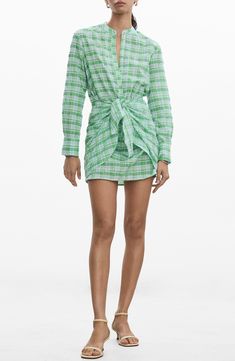 A tie-front detail lends casual energy to this long-sleeve shirtdress patterned in pretty checks and made of a breezy cotton blend. Front button closure; attached waist tie Band collar Long sleeves with two-button cuffs 62% cotton, 38% polyester Machine wash, line dry Imported Shirt Dress Pattern, Green Fits, Band Collar, Nordstrom Store, Shirtdress, Waist Tie, Checks, Mango, Cotton Blend