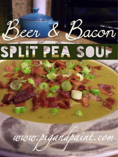 bacon and split pea soup in a bowl on a plate with the title above it