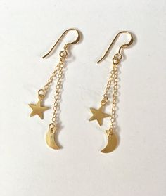 Moon and Stars Dangle Earrings, Threader Earrings, Moon and Stars Earrings, Moon Drop Earrings, Chan Dainty Star Charm Drop Earrings, Gold Dangle Jewelry With Star Charm, Dainty Yellow Gold Earrings With Moon Charm, Celestial Style Dangle Earrings With Star Charm, Celestial Dangle Earrings With Star Charm, Celestial Gold Drop Earrings, Celestial 14k Gold Filled Earrings, Celestial 14k Gold-filled Earrings, Gold Celestial Drop Earrings