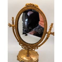 Gorgeous French solid brass dressing tabletop swivel mirror with ornate knobs to adjust the angle. No maker's mark. This would look fabulous displayed on a dresser or bathroom vanity! Brass Oval Mirror, Mirror On Stand, Vanity Table Mirror, Swivel Mirror, Brass Vanity, Edwardian House, Table Mirror, Standing Mirror, Brass Table