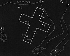 a black and white drawing of a cross on the ground with stars in the sky