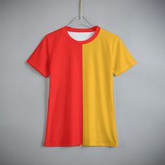 Kids will love the split colors on this soft, comfortable, short sleeve T-Shirt. Shirt features half red and yellow design.  Made of high quality jersey fabric that is (95% polyester and 5% spandex). Please use size chart to determine your size. Short Sleeve Sports T-shirt With Contrast Color, Sporty Multicolor Color Block T-shirt, Color Block T-shirt For Sports In Summer, Color Block T-shirt For Summer Sports, Red Sporty T-shirt With Contrast Color, Yellow Sublimation Print T-shirt For Sports, Sports T-shirt With Contrast Color And Short Sleeves, Contrast Color Short Sleeve Sports T-shirt, Sporty Multicolor Short Sleeve T-shirt