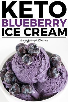 blueberry ice cream in a bowl with text overlay that reads keto blueberry ice cream