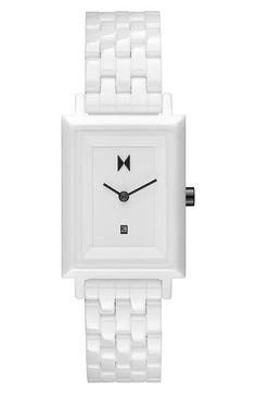 Modern minimalism makes this polished square watch a distinguished accessory for any occasion. 26mm case Quartz movement Date window Mineral crystal face Ceramic Imported Rectangular White Watch As Gift, Modern Square Face Watch As Gift, White Minimalist Watch For Formal Occasions, Modern White Watch Accessories As Gift, Rectangular White Watch Accessories As Gift, Rectangular White Watch Accessories For Gift, Modern Square Face Watch For Formal Occasions, White Rectangular Watch Accessories For Gifts, Rectangular White Watch Gift