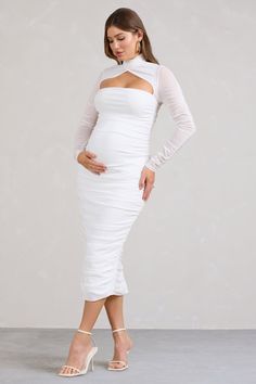 Lady In Waiting White Ruched Mesh Long-Sleeved Maternity Midi Dress – Club L London - USA Elegant Spring Maternity Dress With Stretch, White Stretch Maternity Dress, White Maternity Midi Dress, White Midi Maternity Dress, Chic Fitted White Maternity Dress, Chic White Maternity Dress For Spring, Ruched Midi Maternity Dress, Ruched Midi Length Maternity Dress, Spring White Bump Friendly Dress