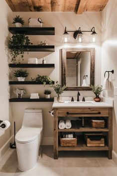 a white toilet sitting under a bathroom mirror next to a wooden shelf filled with potted plants