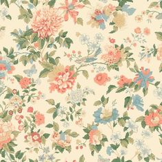 an old fashioned wallpaper with flowers and leaves in pastel colors on a cream background