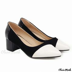 Olivia Mark - Minimalistic Chunky Heel Pointed Toe Low-Cut Single Shoes in Various Sizes Elegant Chunky Heels, Professional Work Shoes, Rough Heels, Elegant Heels, Kitten Heel Sandals, Slip On Pumps, Pu Heels, White Pumps, Denim Shoes