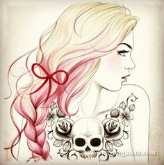 a drawing of a woman with pink hair holding a skull and roses in her hand