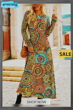 Ethnic Printed Long Sleeve Crew Neck Casual Dress Fall Multicolor Maxi Dress, Bohemian Maxi Dress With Geometric Pattern For Spring, Spring Multicolor Maxi Dress With Geometric Pattern, Bohemian Geometric Patterned Dresses, Casual Long Sleeve Maxi Dress With Colorful Pattern, Bohemian Long Sleeve Multicolor Print Dress, Multicolor Printed Maxi Dress For Fall, Casual Long Sleeve Maxi Dress With Vibrant Print, Printed Multicolor Boho Dress For Fall