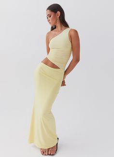 Seranella One Shoulder Maxi Dress - Lemon 21st Bday Outfit, Pogue Outfits, Gender Reveal Dress, Sorority Rush Outfits, Yacht Week, Holiday Outfits Summer, Travel Looks, Rush Outfits, One Shoulder Maxi Dress