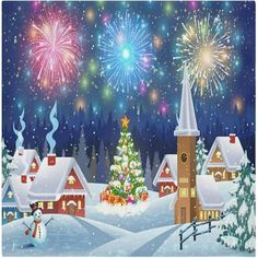 a snowman is standing in front of a snowy village with fireworks and a christmas tree