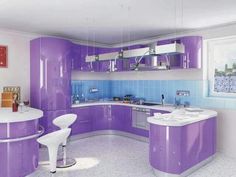 a kitchen with purple cabinets and white counter tops