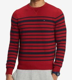 $96 Tommy Hilfiger Men's Red Long Sleeve Crew-Neck Striped Sweater Size Small Description In all cotton for superior softness and comfort, this signature Eastport sweater from Tommy Hilfiger will elevate your look to next-level style. Crew neck Logo at left chest All cotton Machine washable Imported About Us We sell only 100% authentic clothing from new with tags to gently used. We have a 100% authentic or money back guarantee on every item we sell. Items are listed daily so make sure to put us Tommy Hilfiger Sweatshirt Mens, Tommy Hilfiger Sweater Men, Tommy Hilfiger Crewneck, Tommy Hilfiger Long Sleeve Logo Sweatshirt, Tommy Hilfiger Cotton Crew Neck T-shirt, Chili Red, Red Long Sleeve, Navy Blazer, Tommy Hilfiger Man