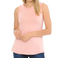 Sleeveless Ruffle Trim On Collar And Arms Top Color: Pink 95% Rayon 5% Spandex Hand Wash, Hang Dry Made In Usa Small 0-4 Medium 6-8 Large 10-12 X-Large 12-14 Feminine Stretch Sleeveless Tank Top, Stretch Ruffle Tank Top, Feminine Ruffle Tank Top, Spring Stretch Tank Top With Ruffles, Stretch Sleeveless Ruffled Tops, Stretch Tank Top With Ruffles, Feminine Sleeveless Stretch Top, Pink Stretch Tank Top With Ruffles, Ruffle Trim