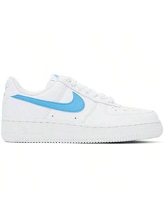 Nike 
White & Blue Air Force 1 '07 Sneakers 
Low-top grained leather sneakers in white and blue. 
. Perforated detailing at toe and sides 
. Logo plaque at lace-up closure 
. Logo patch at tongue 
. Padded collar 
. Swoosh appliqué at sides 
. Logo embroidered at heel tab 
. Mesh lining 
. Speckled detailing at treaded rubber sole 
Please note that this item may be shipped only within North America. 
Supplier color: White/White/Volt/University Blue 
Upper: leather. Sole: rubber. 
Made in Viet Na Sporty White Nike Air Force 1 With Rubber Sole, Sporty Nike Air Force 1 With Laces, White Nike Air Force 1 With Rubber Sole, Nike Air Force 1 Low-top With White Sole, Nike Air Force 1 With White Sole And Laces, White Low-top Custom Sneakers With Perforated Toe Box, White High-top Nike Air Force 1 With Laces, Nike Air Force 1 White Lace-up With Branded Insole, White Low-top Nike Air Force 1 With Branded Insole