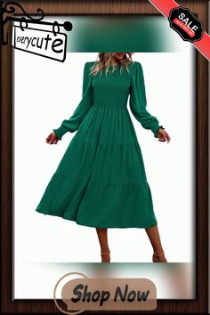 Green Crew Neck Smocked Swing Midi Dress Green Casual Smocked Dress For Fall, Green Smocked Long Sleeve Dress For Fall, Green Long Sleeve Smocked Dress For Fall, Solid Smocked Long Sleeve Dress, Solid Color Long Sleeve Smocked Dress With Smocked Cuffs, Solid Long Sleeve Smocked Dress, Long Sleeve Solid Color Smocked Dress, Long Sleeve Smocked Dress With Smocked Cuffs, Green Long Sleeve Maxi Dress With Smocked Bodice