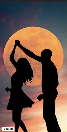 the silhouettes of two people dancing in front of a full moon at night time