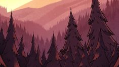 the sun is setting over some trees in the mountains with pink and yellow colors on them