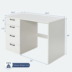 a white desk with three drawers and measurements