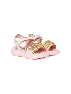 light pink/gold-tone leather ankle touch-strap fastening logo lettering round open toe branded leather insole chunky rubber sole Moschino Kids, Gucci Kids, Kids Logo, Stella Mccartney Kids, Designer Sandals, Open Toe Sandals, Pink Gold, Moschino, Girls Shoes