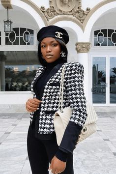 Hello, ladies! Achieve the perfect blend of chic and comfy with Celeste's Tweed Houndstooth Blazer. Its soft tweed fabric ensures all-day comfort. The tailored design includes a round collar, long sleeves, and faux side pockets. Elevate your wardrobe; make it yours now and conquer the world with style. Buy yours now! Boujee Fashion, Houndstooth Outfit, Midi Skirt And Boots, Tweed Jacket Outfit, Black Slim Fit Pants, Tweed Outfit, Black And White Tweed, All Black Looks, Black Femininity