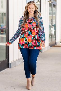 This must have top boasts a striking combination of multi-layered floral patterns in vibrant shades of teal, black, and fuchsia! This bold and eye-catching design is perfect for those looking to make a statement with their fashion choices! Made for all our trendy ladies in mind, this top is sure to make you stand out in any crowd! 95% Polyester, 5% Spandex Multicolor Long Sleeve Top With Floral Patchwork, Multicolor Floral Patchwork Long Sleeve Top, Colorful Floral Print Fall Blouse, Fall Multicolor Mixed Print Tops, Fall Floral Patchwork Blouse, Multicolor Floral Print Tops For Fall, Bold Vibrant Print Tops For Spring, Fall Floral Print Multicolor Tops, Bold Multicolor Tops For Spring